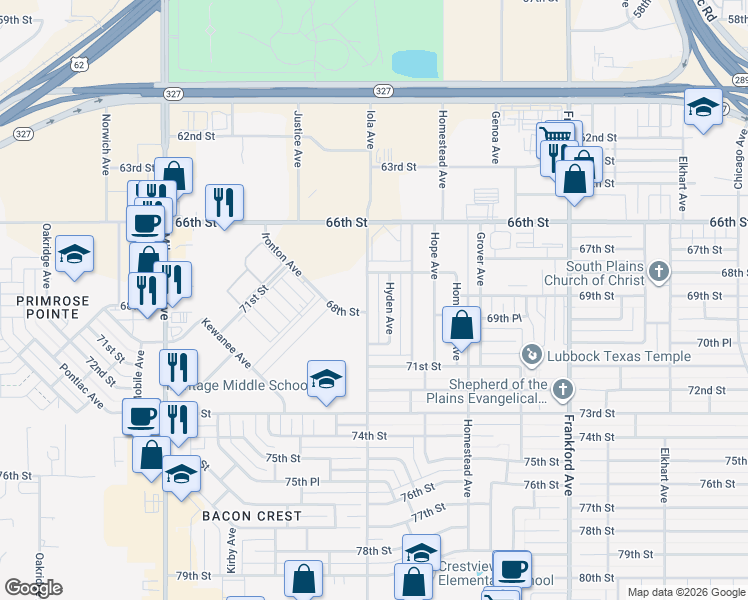 map of restaurants, bars, coffee shops, grocery stores, and more near 6818 70th Street in Lubbock