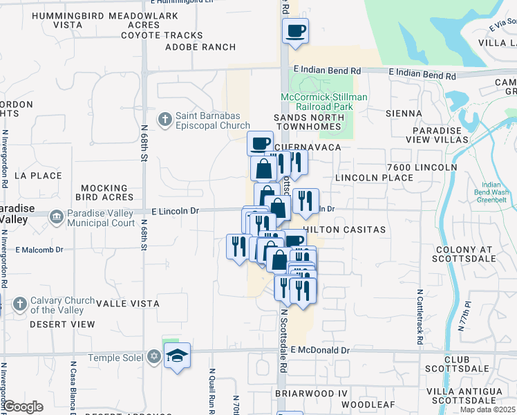 map of restaurants, bars, coffee shops, grocery stores, and more near 7141 East Lincoln Drive in Scottsdale
