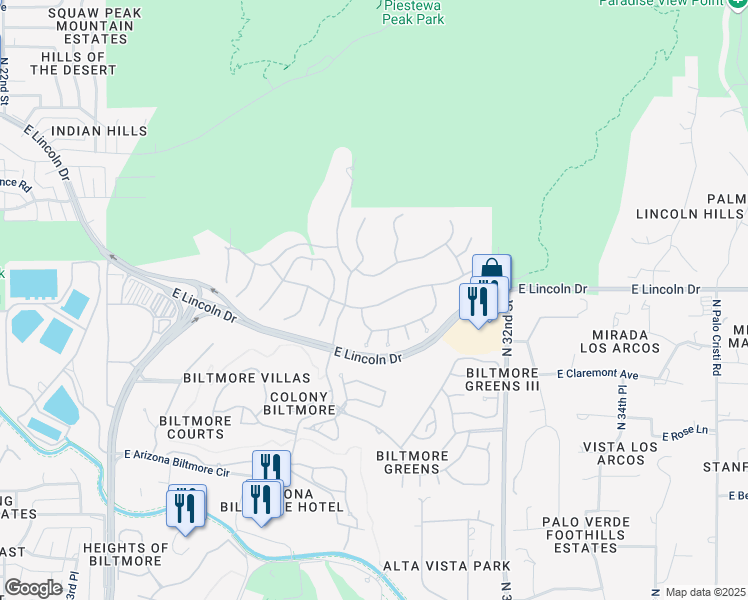 map of restaurants, bars, coffee shops, grocery stores, and more near 3023 East Sierra Vista Drive in Phoenix
