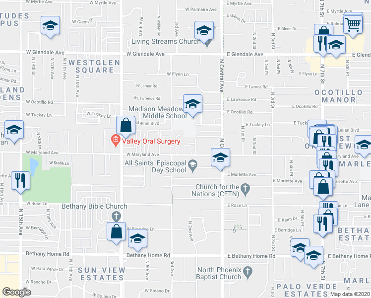 map of restaurants, bars, coffee shops, grocery stores, and more near 121 West Maryland Avenue in Phoenix