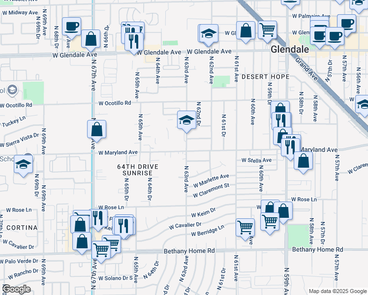 map of restaurants, bars, coffee shops, grocery stores, and more near in Glendale