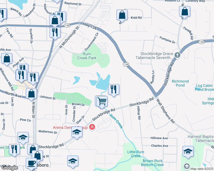 map of restaurants, bars, coffee shops, grocery stores, and more near 1459 Stockbridge Road in Jonesboro