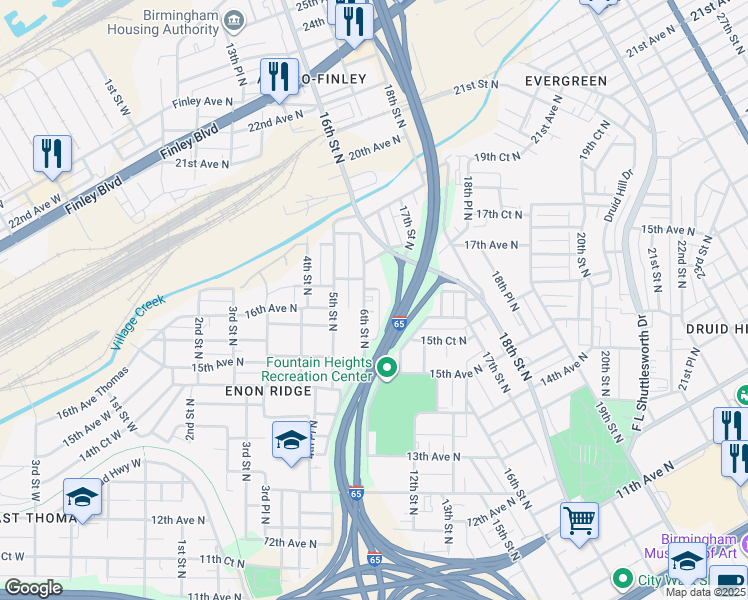 map of restaurants, bars, coffee shops, grocery stores, and more near 1601 6th Street North in Birmingham