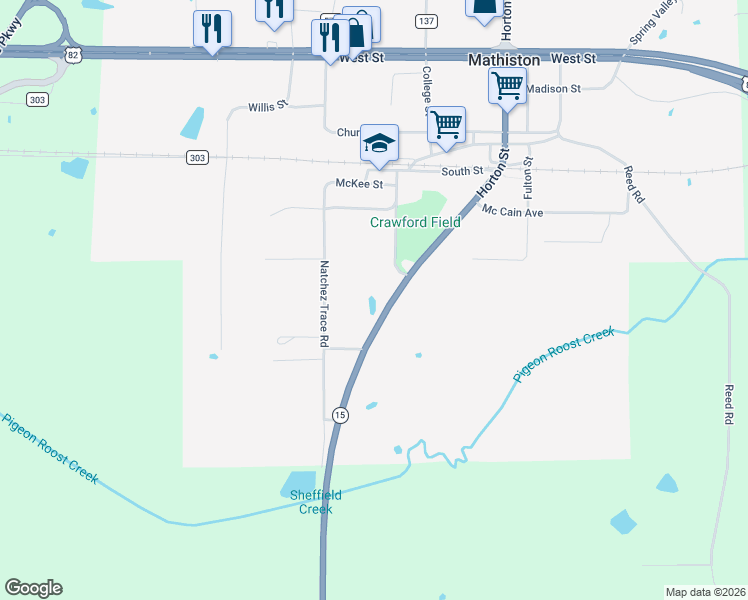 map of restaurants, bars, coffee shops, grocery stores, and more near 24225 Mississippi 15 in Mathiston