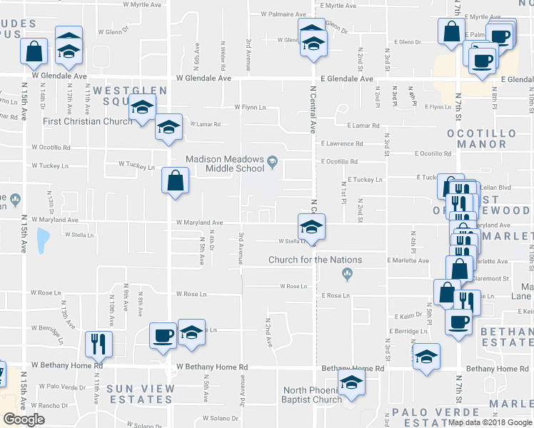 map of restaurants, bars, coffee shops, grocery stores, and more near 122 West Maryland Avenue in Phoenix