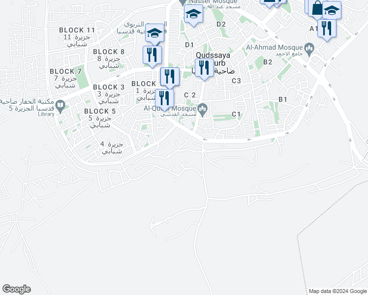 map of restaurants, bars, coffee shops, grocery stores, and more near in Qudssaya Suburb