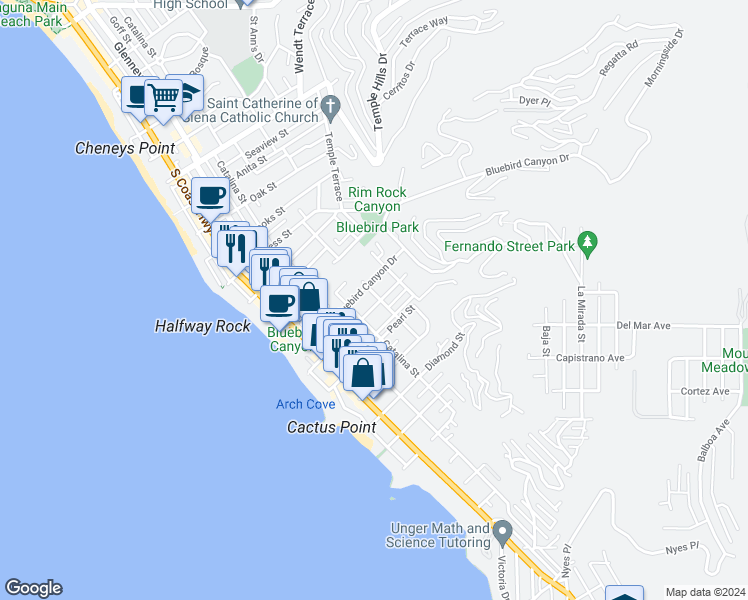 map of restaurants, bars, coffee shops, grocery stores, and more near 490 Agate Street in Laguna Beach