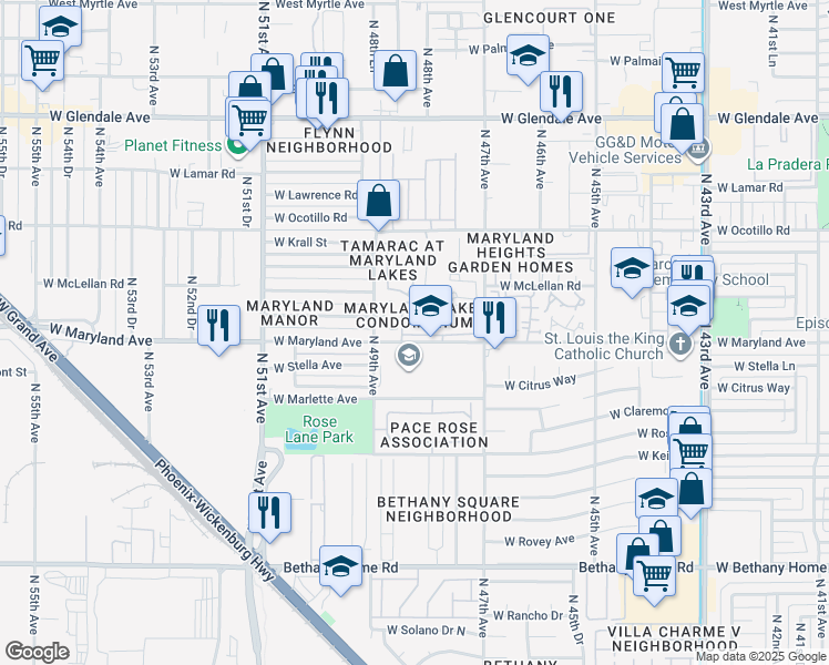 map of restaurants, bars, coffee shops, grocery stores, and more near 4801 West Maryland Avenue in Glendale