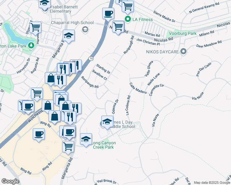 map of restaurants, bars, coffee shops, grocery stores, and more near 27648 Sanderling Way in Temecula