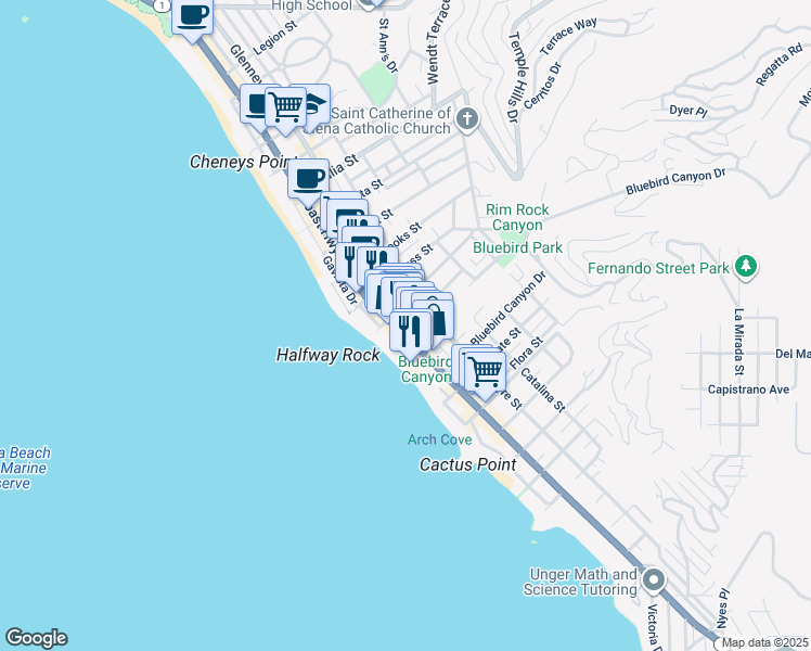 map of restaurants, bars, coffee shops, grocery stores, and more near 1460 South Coast Highway in Laguna Beach