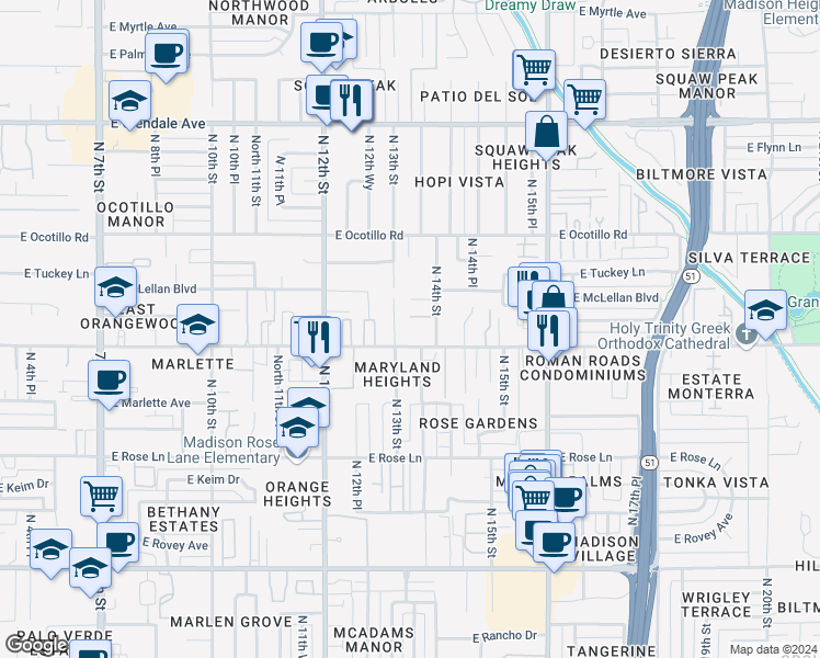 map of restaurants, bars, coffee shops, grocery stores, and more near 1336 East Maryland Avenue in Phoenix