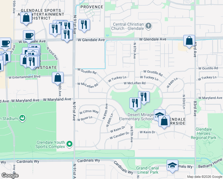map of restaurants, bars, coffee shops, grocery stores, and more near 8882 West Maryland Avenue in Glendale