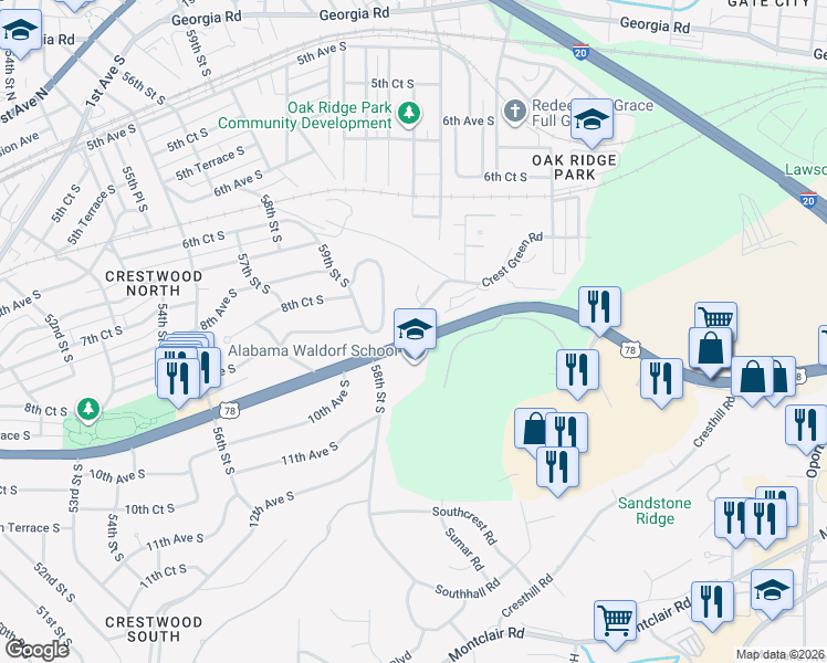 map of restaurants, bars, coffee shops, grocery stores, and more near 6101 Crest Green Road in Birmingham