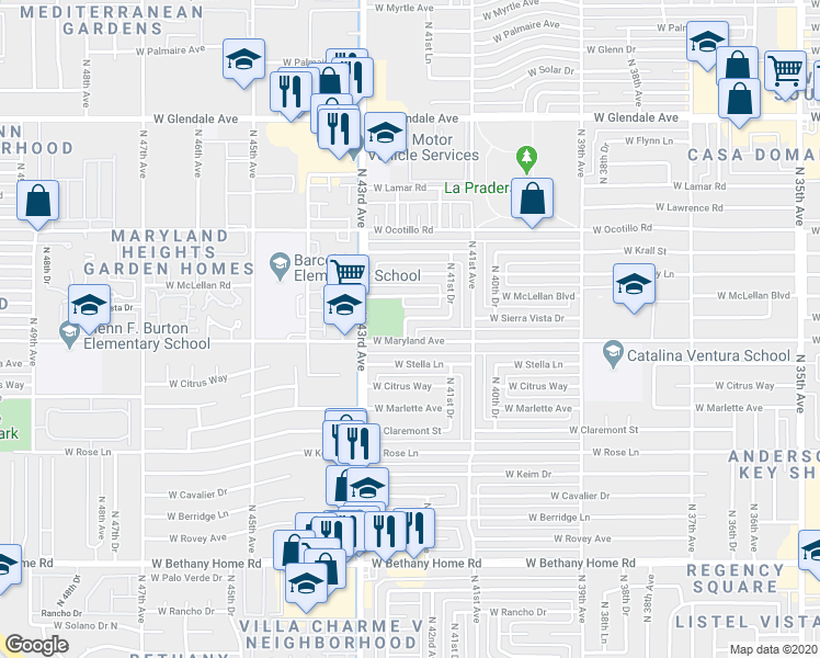 map of restaurants, bars, coffee shops, grocery stores, and more near 6507 North 42nd Avenue in Phoenix