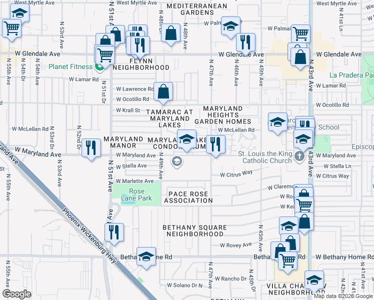 map of restaurants, bars, coffee shops, grocery stores, and more near 4801 West Maryland Avenue in Glendale