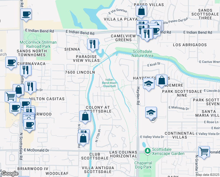 map of restaurants, bars, coffee shops, grocery stores, and more near 7800 East Lincoln Drive in Scottsdale