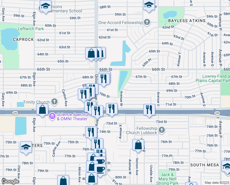 map of restaurants, bars, coffee shops, grocery stores, and more near 2309 70th Street in Lubbock