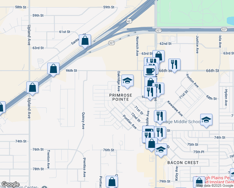 map of restaurants, bars, coffee shops, grocery stores, and more near 6804 Oakridge Avenue in Lubbock