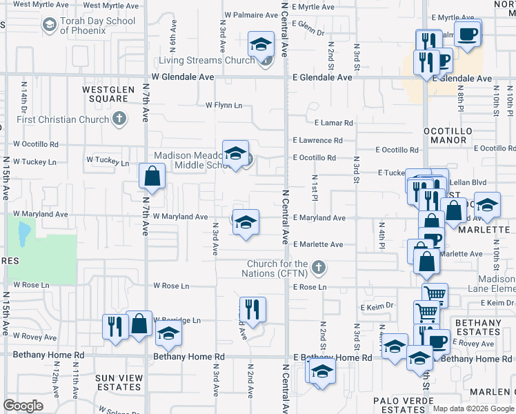 map of restaurants, bars, coffee shops, grocery stores, and more near 39 West Maryland Avenue in Phoenix