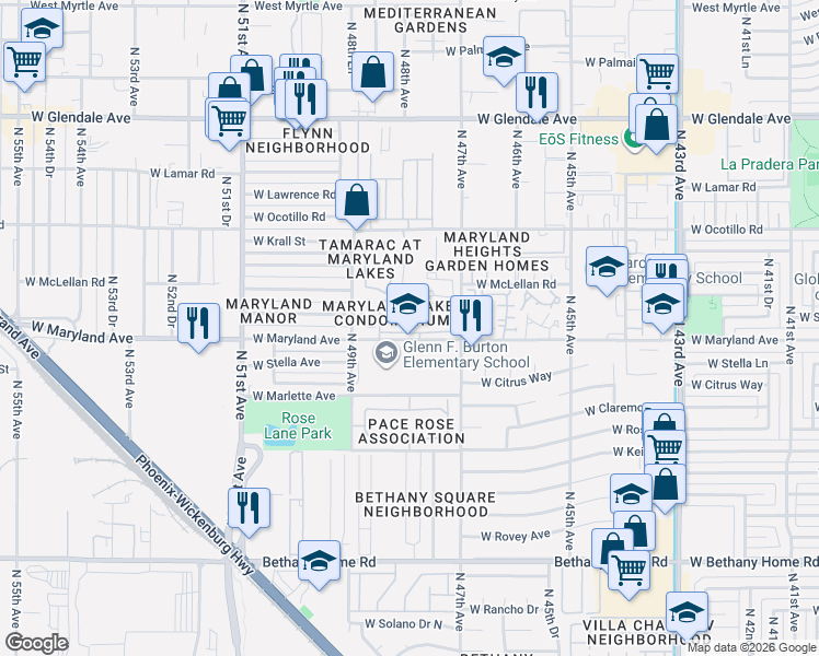 map of restaurants, bars, coffee shops, grocery stores, and more near 4801 West Maryland Avenue in Glendale