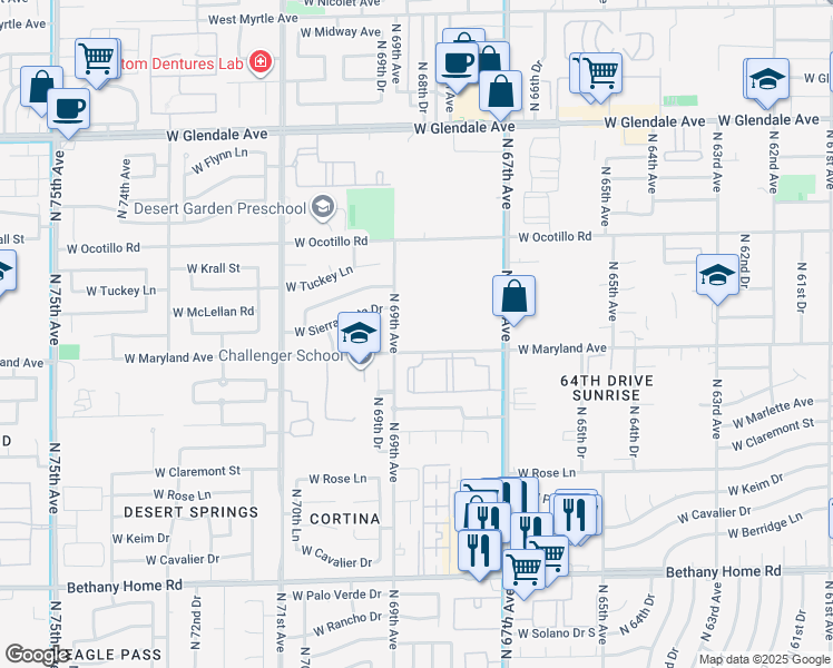 map of restaurants, bars, coffee shops, grocery stores, and more near 6444 North 67th Avenue in Glendale