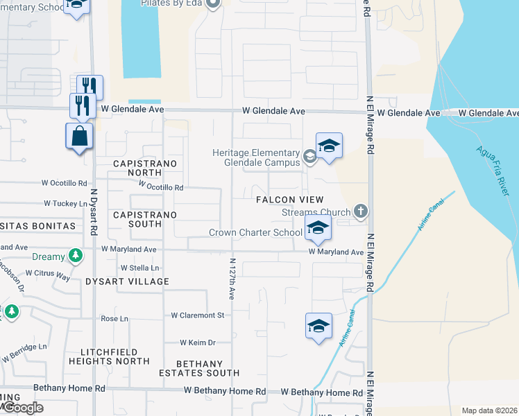 map of restaurants, bars, coffee shops, grocery stores, and more near 12548 West McLellan Road in Glendale