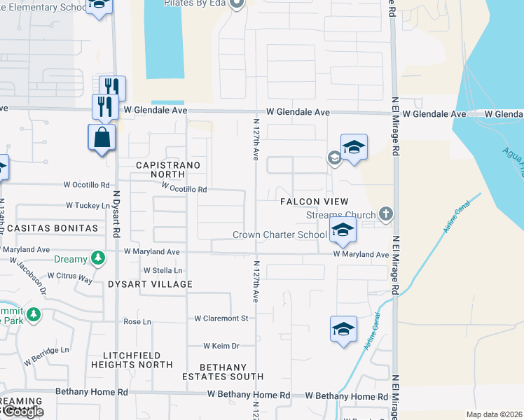 map of restaurants, bars, coffee shops, grocery stores, and more near 12634 West McLellan Road in Glendale