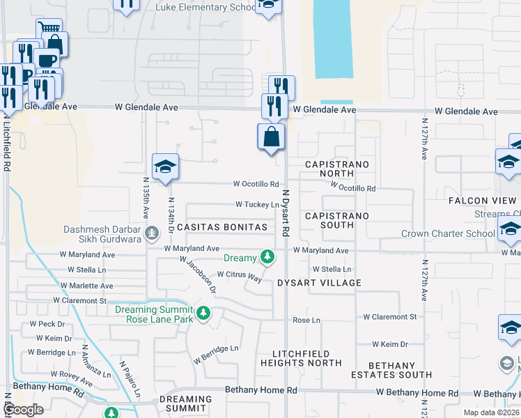 map of restaurants, bars, coffee shops, grocery stores, and more near 13141 West McLellan Road in Glendale