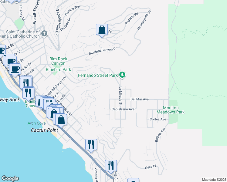 map of restaurants, bars, coffee shops, grocery stores, and more near 1135 Katella Street in Laguna Beach