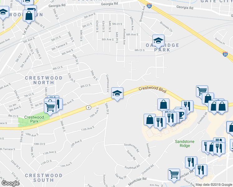map of restaurants, bars, coffee shops, grocery stores, and more near 6101 Crest Green Road in Birmingham