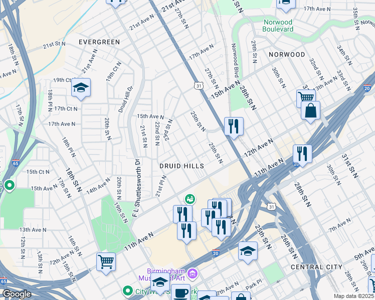 map of restaurants, bars, coffee shops, grocery stores, and more near 1309 23rd Street North in Birmingham