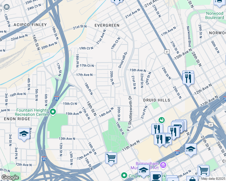 map of restaurants, bars, coffee shops, grocery stores, and more near 1502 20th Street North in Birmingham