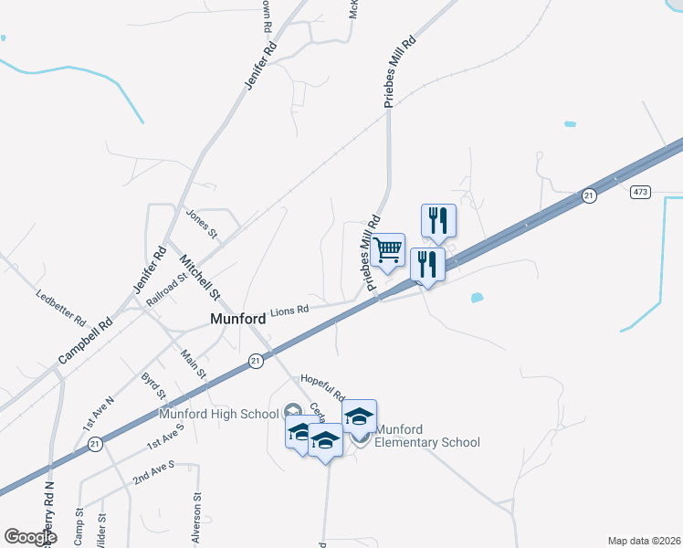 map of restaurants, bars, coffee shops, grocery stores, and more near 200 MacKenzie Circle in Munford