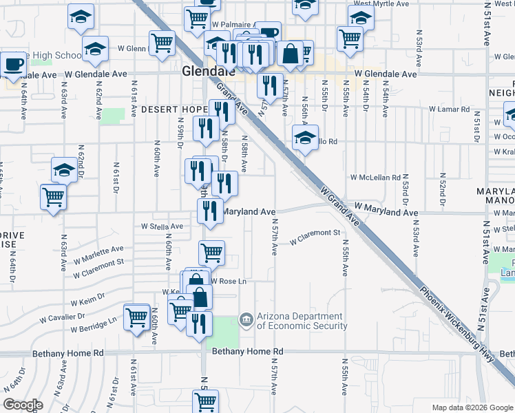 map of restaurants, bars, coffee shops, grocery stores, and more near 5745 West Maryland Avenue in Glendale