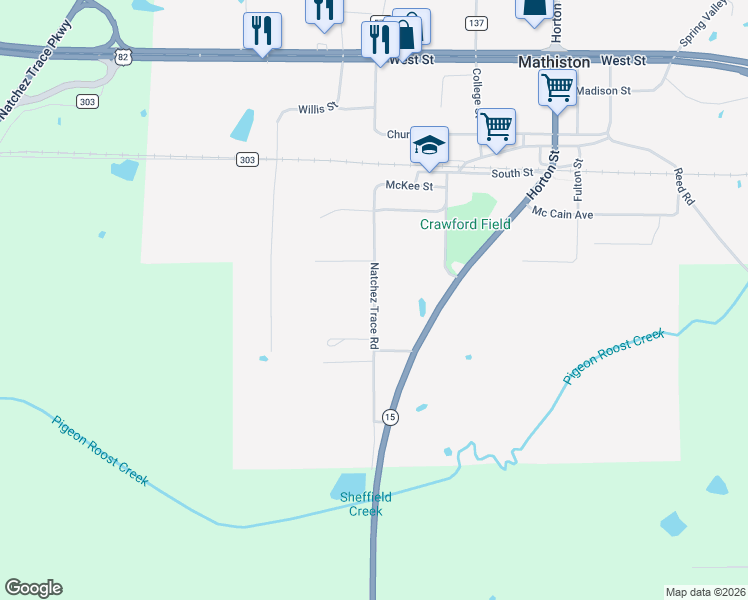 map of restaurants, bars, coffee shops, grocery stores, and more near 245 Natchez Trace Road in Mathiston