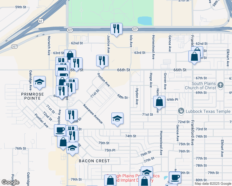 map of restaurants, bars, coffee shops, grocery stores, and more near 6100 72nd Place in Lubbock