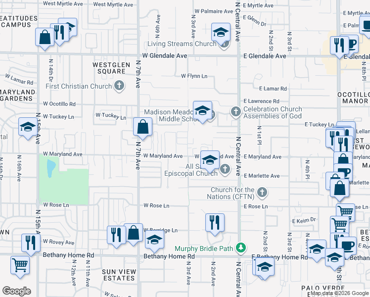 map of restaurants, bars, coffee shops, grocery stores, and more near 311 West Maryland Avenue in Phoenix