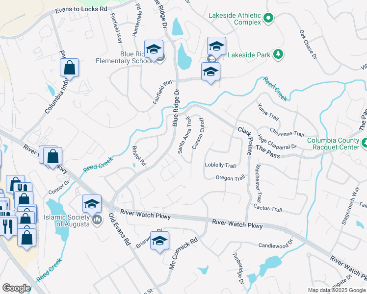 map of restaurants, bars, coffee shops, grocery stores, and more near 425 Santa Anna Trail in Martinez
