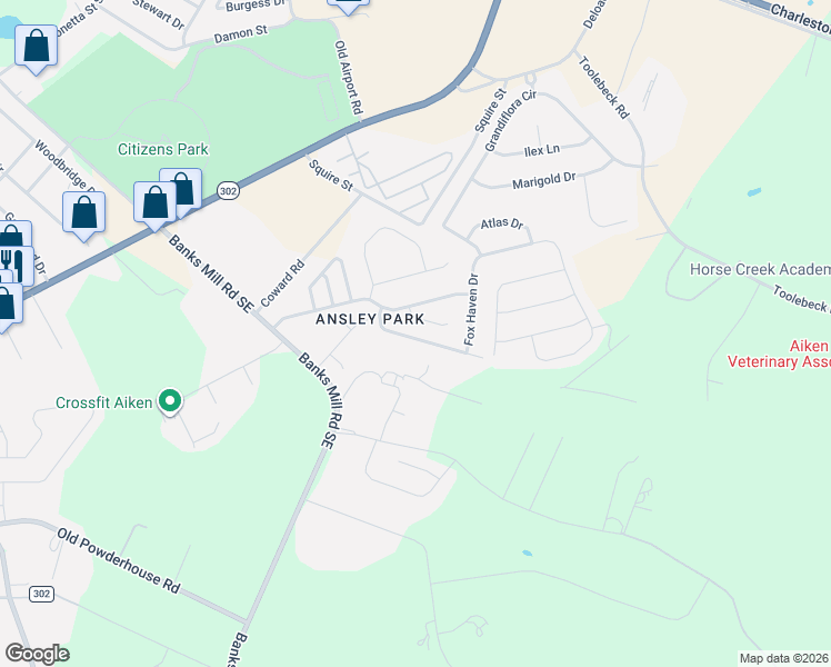 map of restaurants, bars, coffee shops, grocery stores, and more near 176 Fox Haven Drive in Aiken