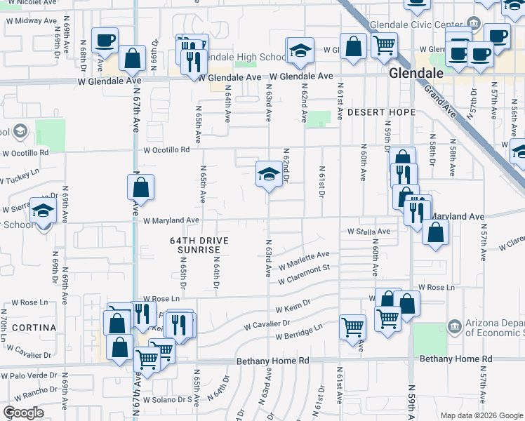 map of restaurants, bars, coffee shops, grocery stores, and more near in Glendale
