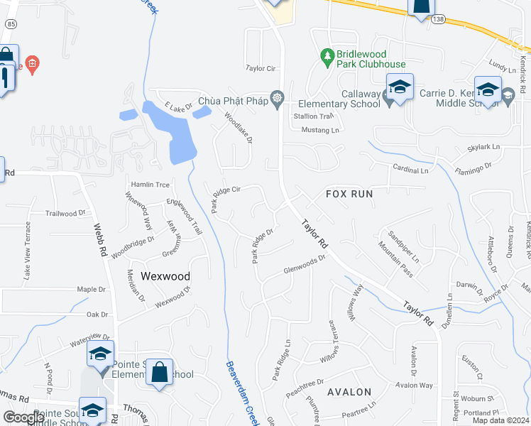 map of restaurants, bars, coffee shops, grocery stores, and more near 308 Park Ridge Circle in Riverdale