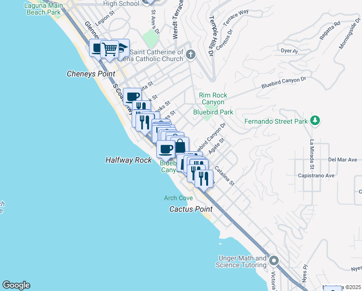 map of restaurants, bars, coffee shops, grocery stores, and more near 327 Calliope Street in Laguna Beach