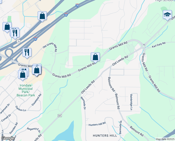 map of restaurants, bars, coffee shops, grocery stores, and more near 1110 Grants Mill Road in Birmingham