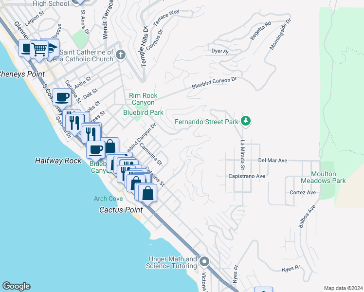 map of restaurants, bars, coffee shops, grocery stores, and more near 686 Diamond Street in Laguna Beach