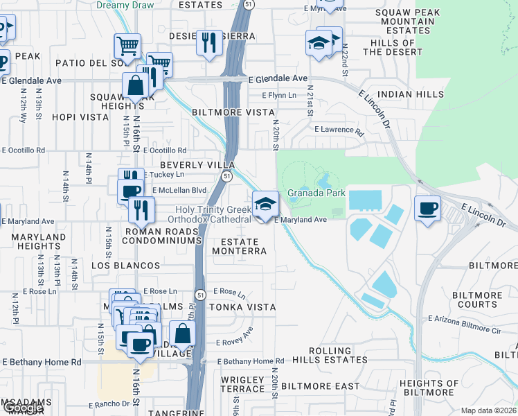 map of restaurants, bars, coffee shops, grocery stores, and more near 1922 East Maryland Avenue in Phoenix