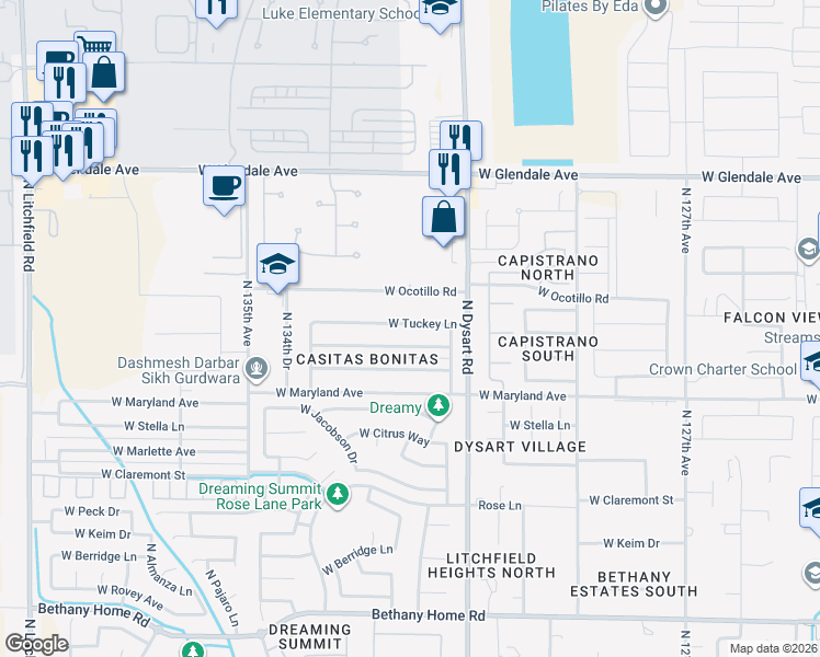 map of restaurants, bars, coffee shops, grocery stores, and more near 13203 West Tuckey Lane in Glendale