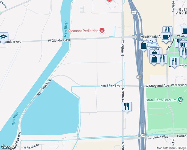 map of restaurants, bars, coffee shops, grocery stores, and more near 10101 West Glendale Avenue in Glendale