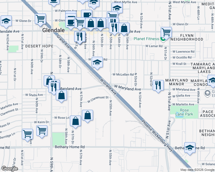 map of restaurants, bars, coffee shops, grocery stores, and more near 5450 Phoenix-Wickenburg Highway in Glendale