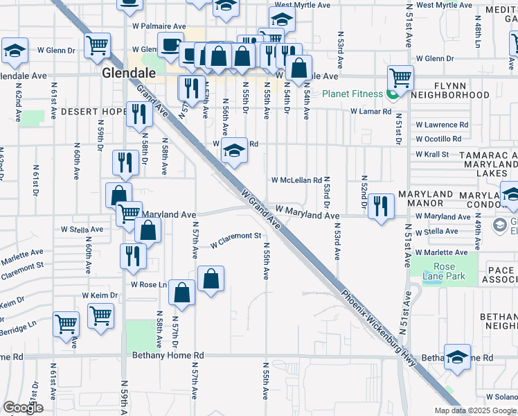map of restaurants, bars, coffee shops, grocery stores, and more near 5450 Phoenix-Wickenburg Highway in Glendale