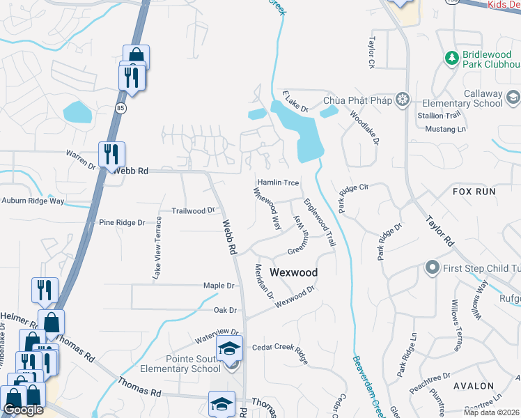 map of restaurants, bars, coffee shops, grocery stores, and more near 8190 Winewood Court in Riverdale